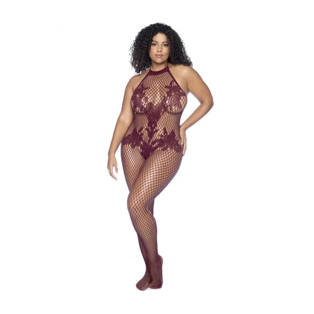 Halter and Crotchless Floral Bodystocking - Queen Size - Cherry