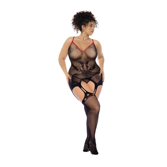 Snake Fishnet Bodystocking - Queen Size - Black/Red