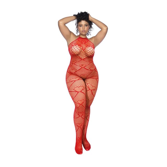 Heart Fishnet Bodystocking with Rhinestone Detail - Queen Size - Red