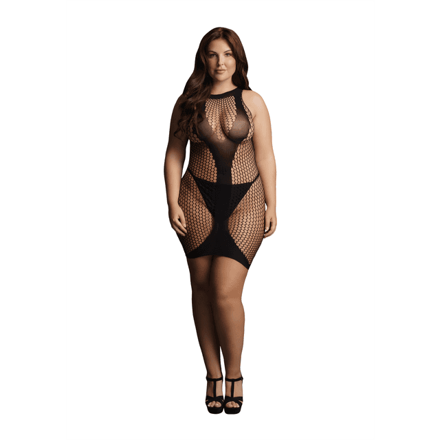 High Neck Net Contrast Mini Dress - Queen Size - Black