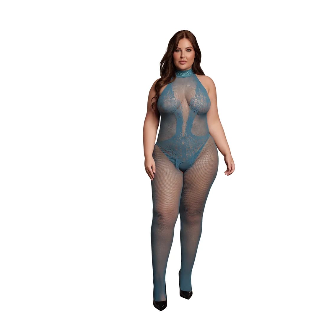 Fishnet and Lace Bodystocking - Queen Size - Blue