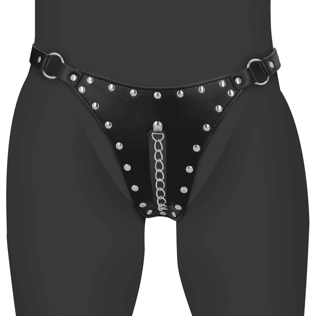 PU Leather Chastity Thong with Chain Detail - Black