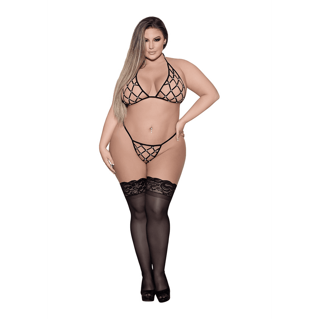 Orthia - Sexy Imitation Net Set with Bra and G-String - 2X
