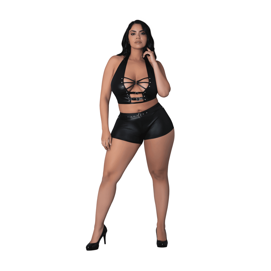 Thalia - Halter Top and Shorts with Rings and Studs - 2X - Black