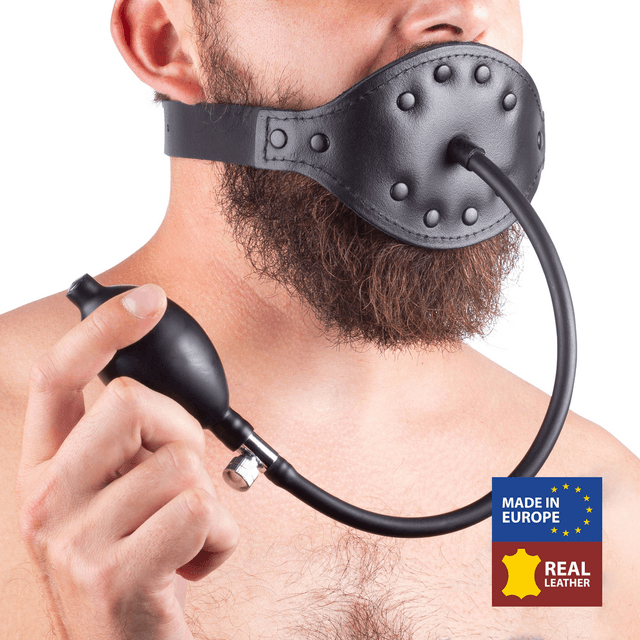 Leather Gag with Inflatable Ball - Black